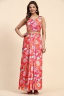 Red and Orange Chinon Printed Crop Top with Dhoti Skirt and Cowl Jacket
