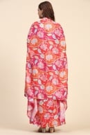Red and Orange Chinon Printed Crop Top with Dhoti Skirt and Cowl Jacket