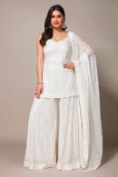Pearl White Georgette Thread Embroidered Palazzo Suit