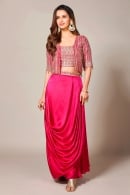 Pink Georgette Embroidered Crop Top and Draped Dhoti Skirt with Short Jacket