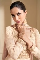 Light Peach Georgette Lucknowi Embroidered V Neckline Anarkali Suit with Mirror Detailling