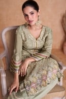 Light Green Chinon Embroidered Mirror Suit